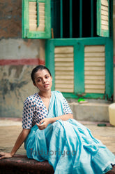 Sky Handloom Khadi Cotton Saree With White Designer Print Blouse